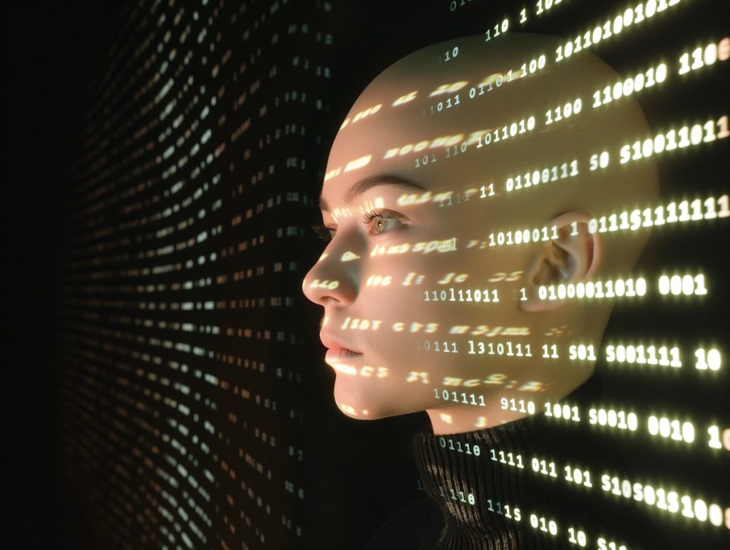 Digital Integration Woman with Binary Code Overlay